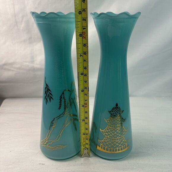 Pair Vintage Bartlett Collins Atomic Age Glass 9" Vase Blue Gold Asian Pagoda - Picture 7 of 7
